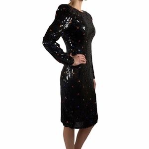VTG Scarlet Rage Multi-Color Jewel Black Full Sequin Silk Evening Party Dress